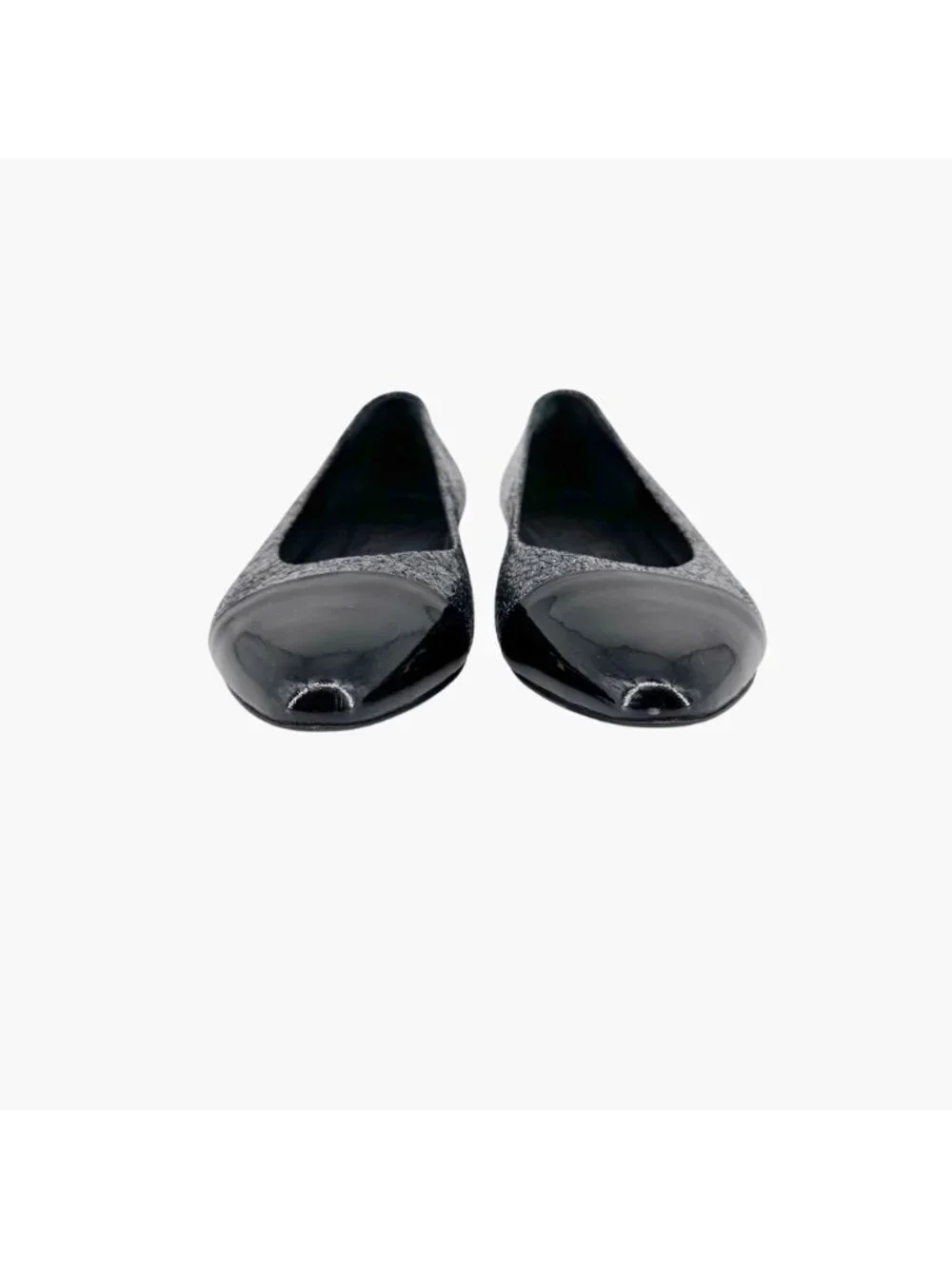 Chanel CC Cap Toe Ballet Flats Black Silver Leather Size 37.5 US 6.5–7 Women